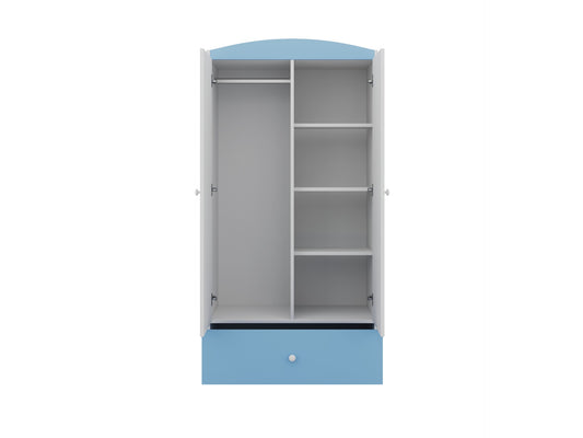 Kocot Kids Babydreams wardrobe with blue top, open doors showing hanging rail and shelves, drawer below
