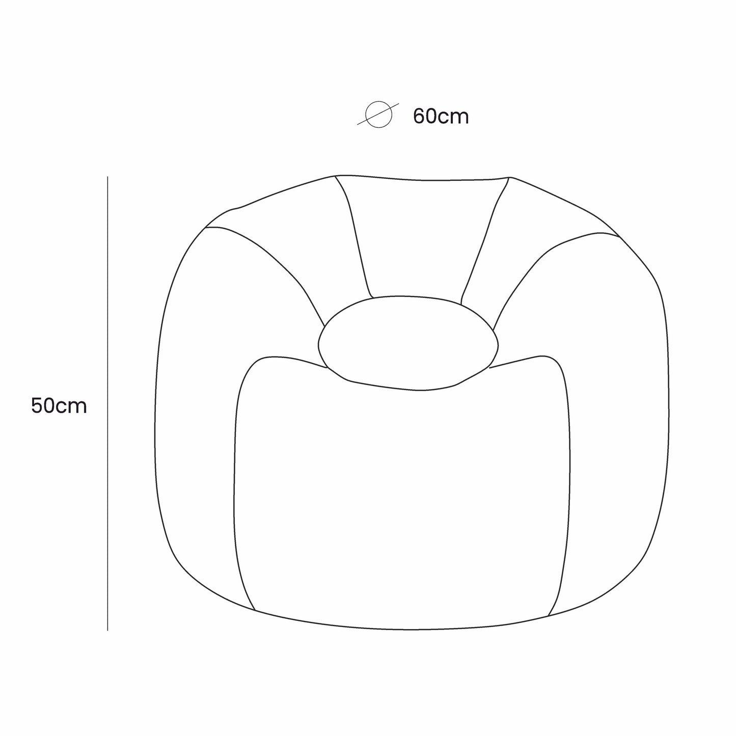 Floreo bean bag dimensions showing 60cm width and 50cm height with top-down schematic view