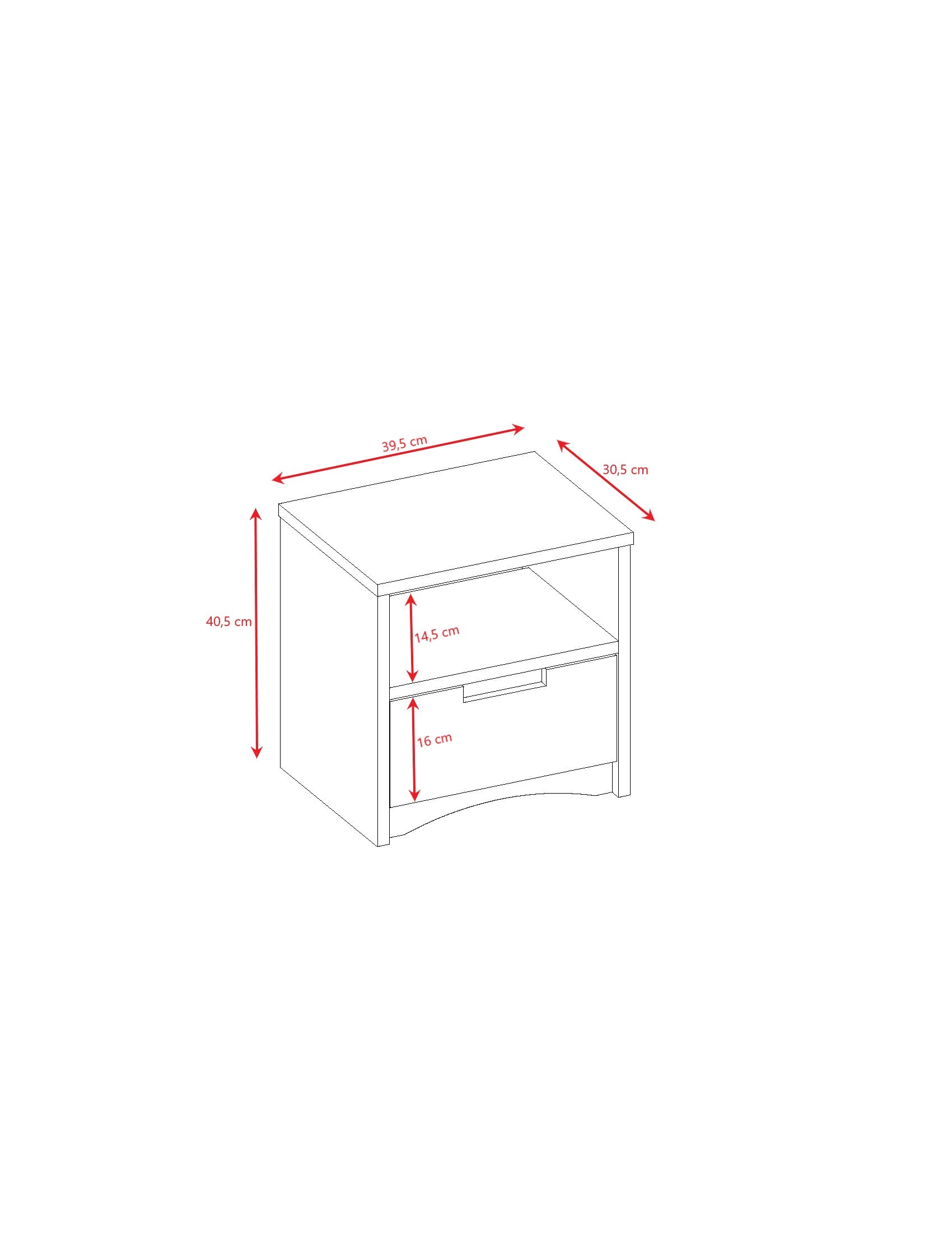 Dimension diagram of Classic nightstand showing height, width and depth measurements