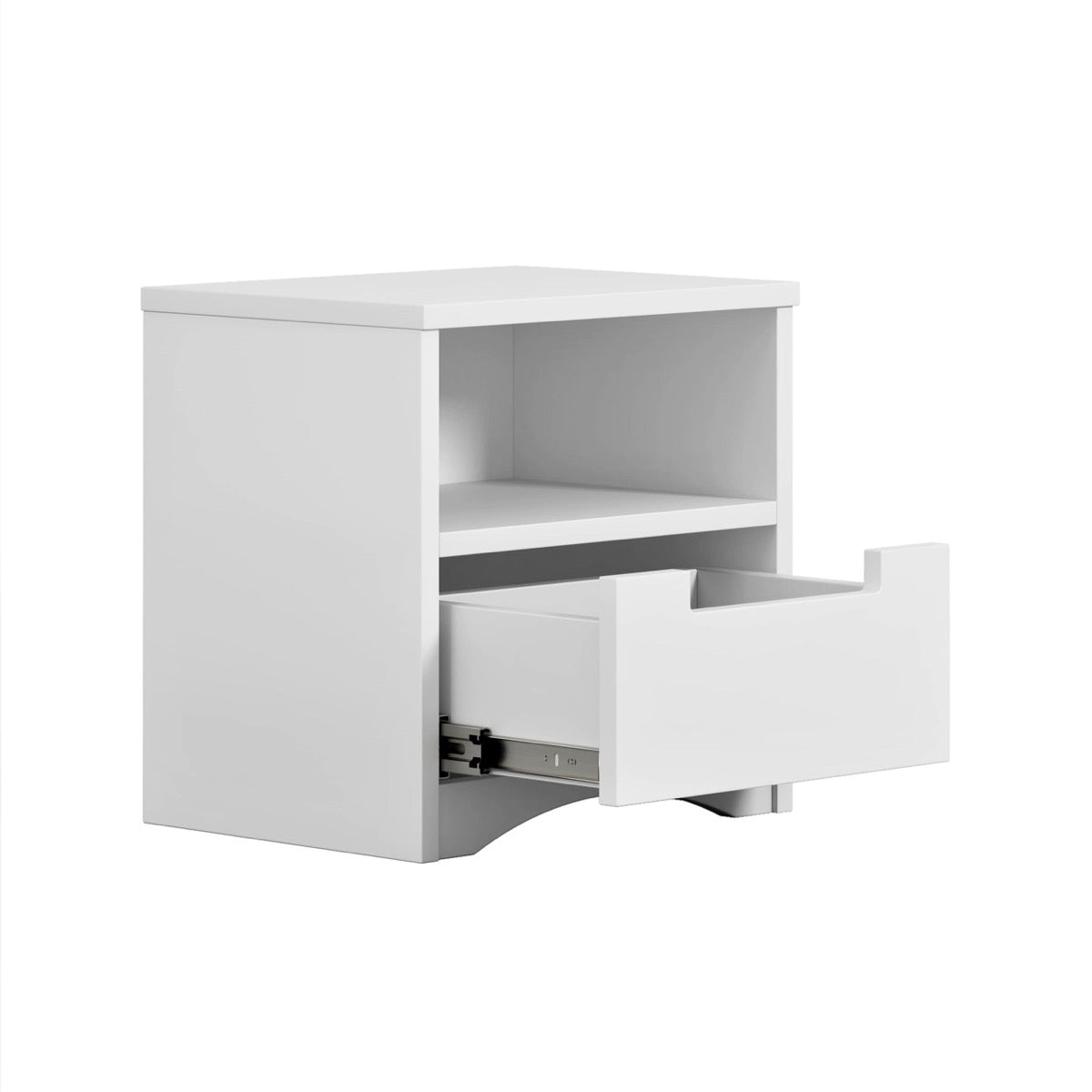 White kids nightstand with open drawer revealing storage compartment