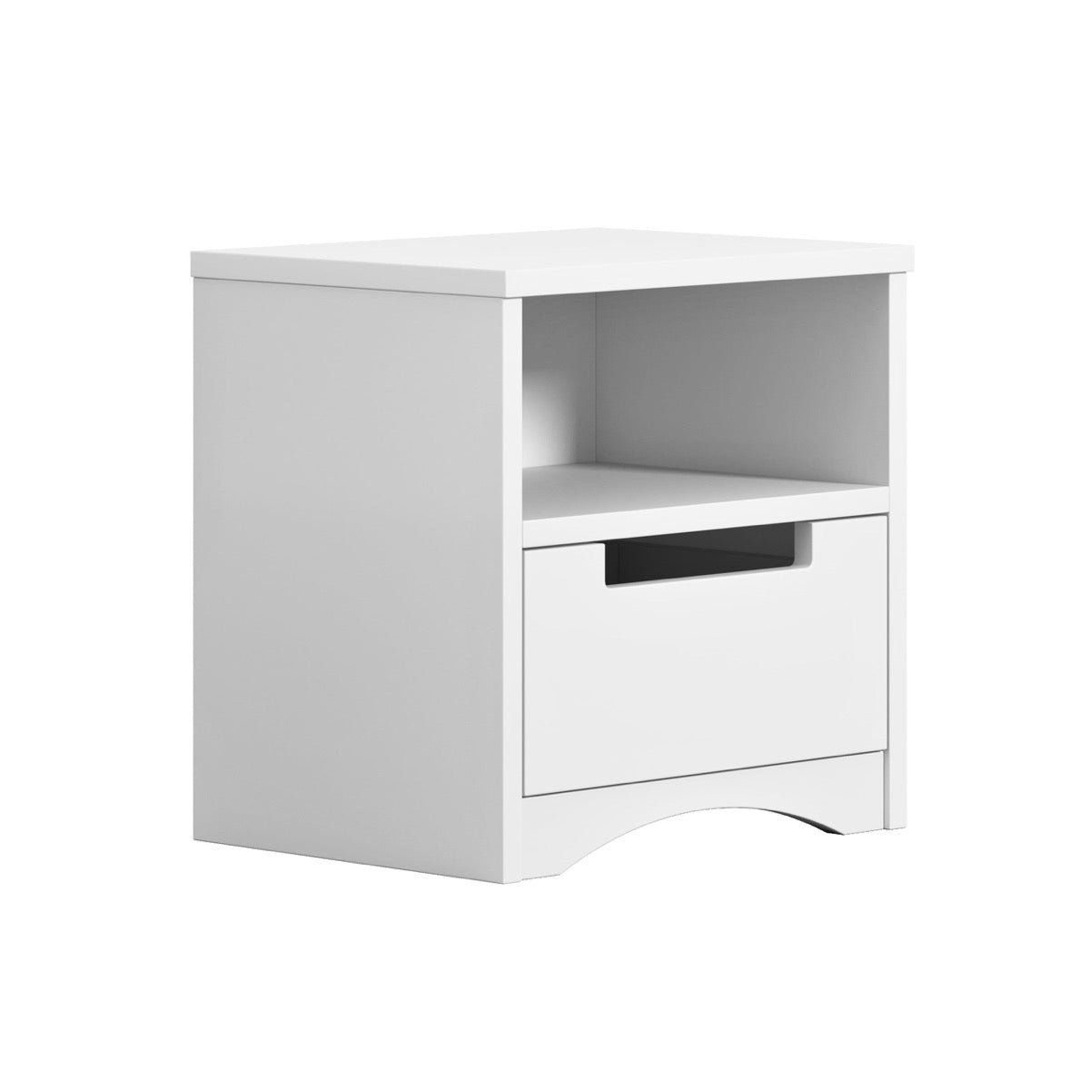 White kids bedside table front angle with open shelf and closed drawer