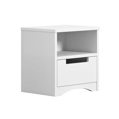 White kids bedside table front angle with open shelf and closed drawer