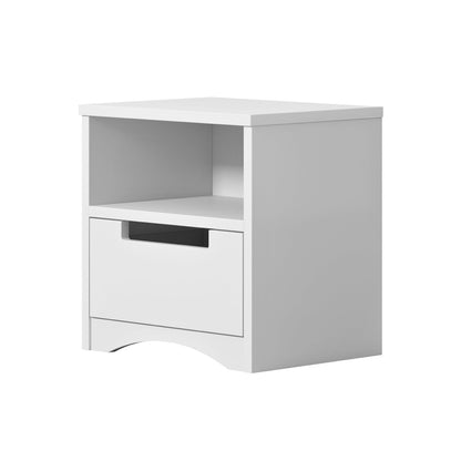 White kids nightstand side view showing shelf compartment and drawer storage