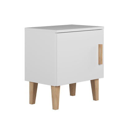 White Kubi bedside table with oak legs and wooden handle, front-angled view