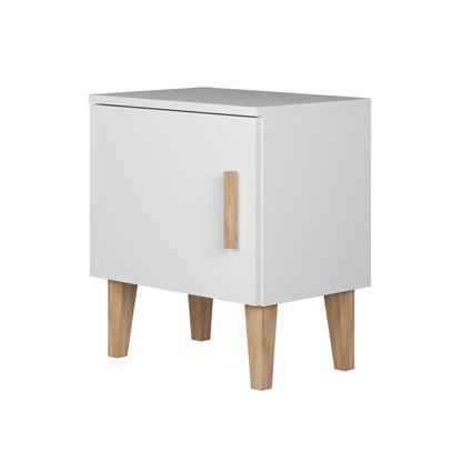 White Kubi bedside table side view showing oak legs and wooden door handle