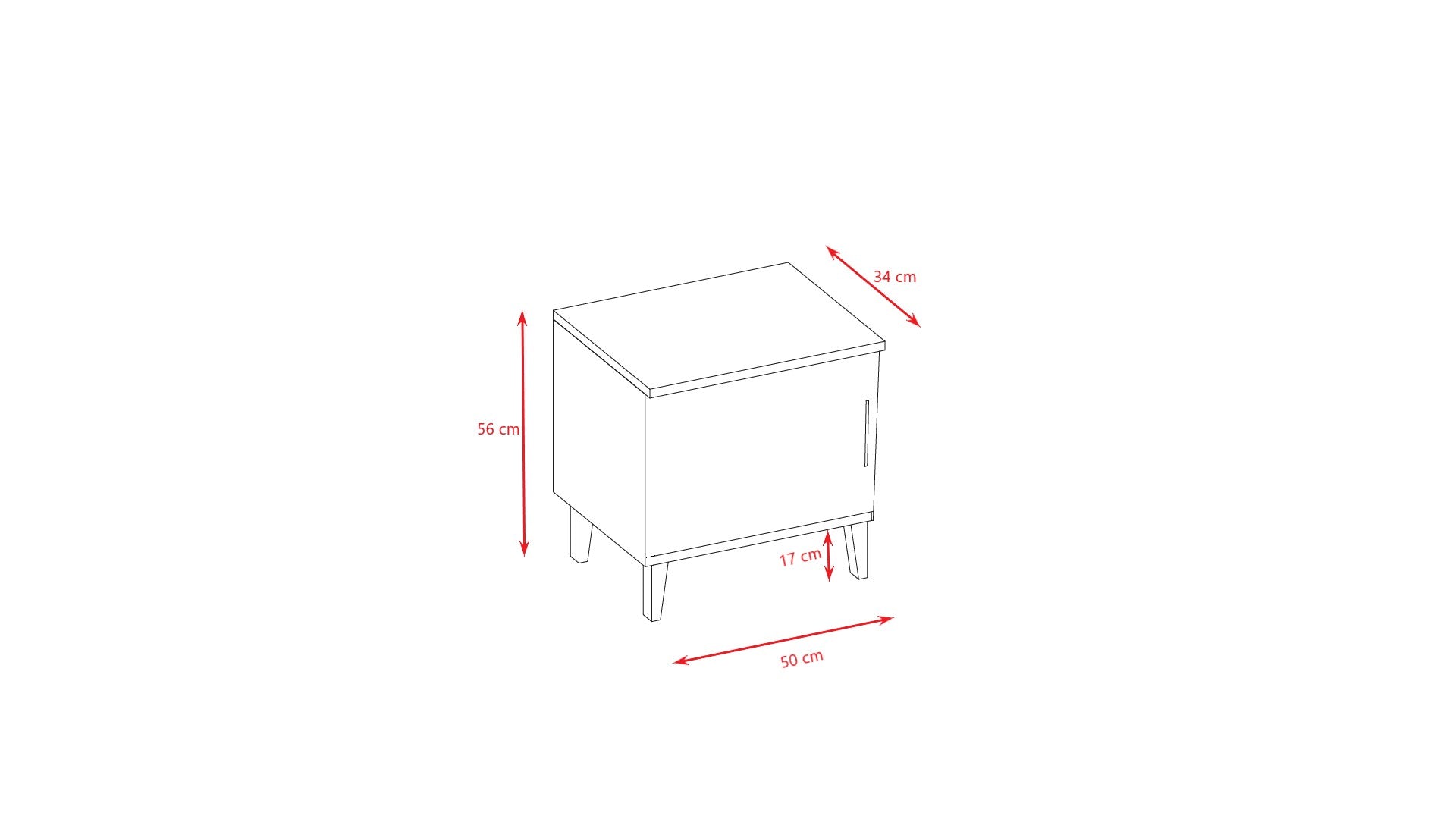 Kubi bedside table dimension diagram with measurements in centimeters