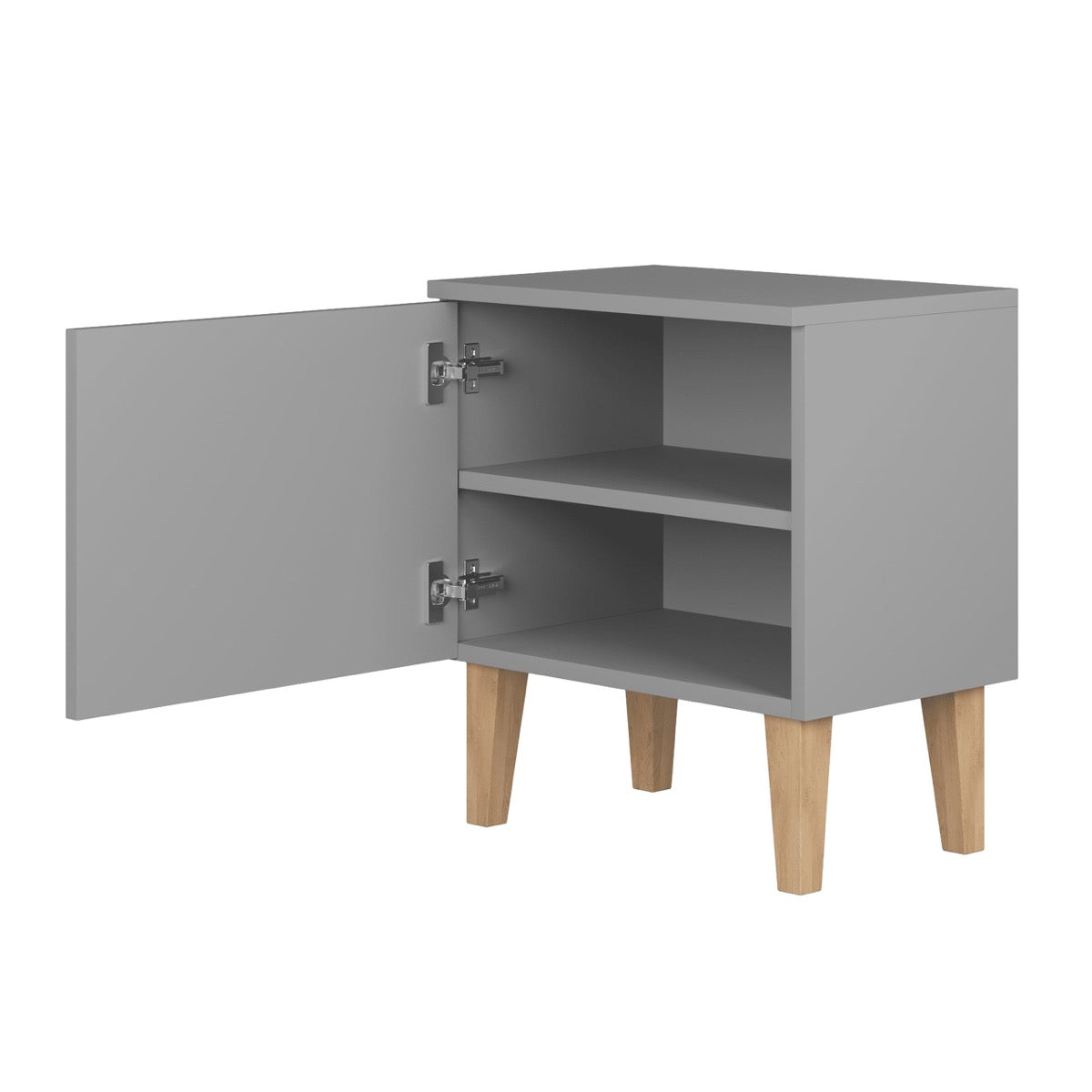 Grey Kubi bedside table with door open, revealing internal shelf storage