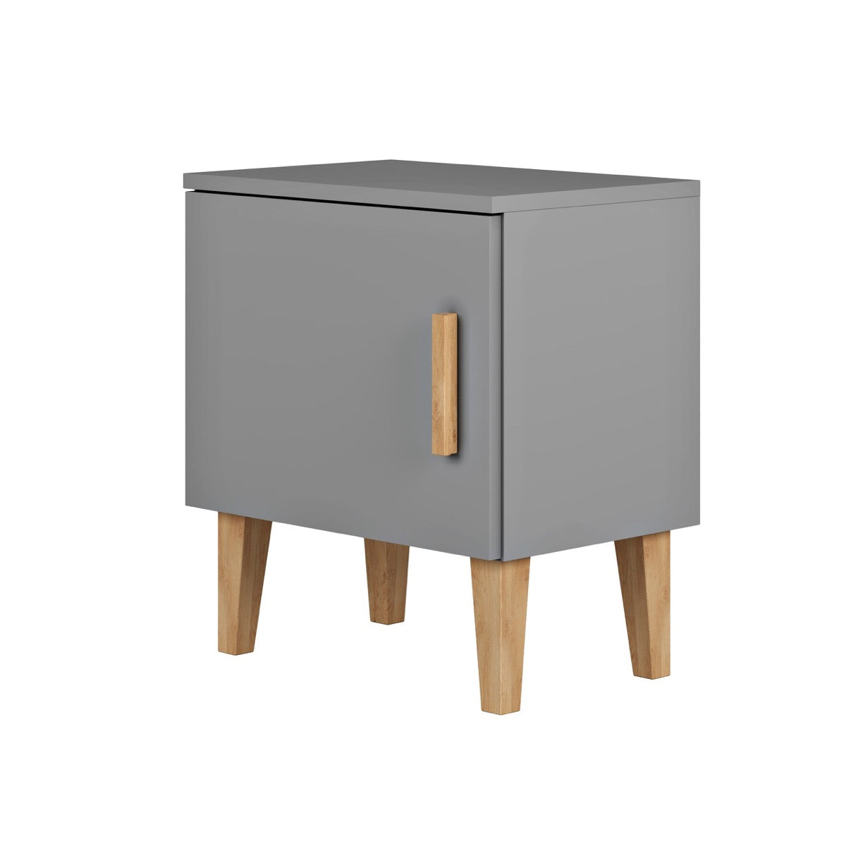 Grey Kubi nightstand side angle view with oak legs and wooden door handle