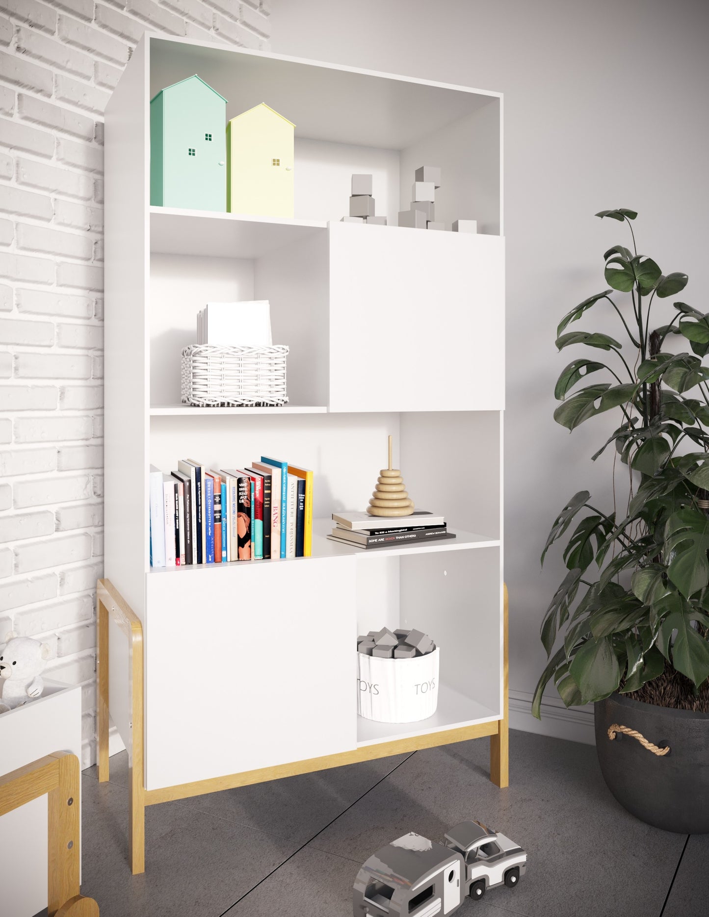 Bookshelf Victor Kids Scandinavian Bookcase Oak Legs – ъглов изглед библиотека книги играчки | Nestling