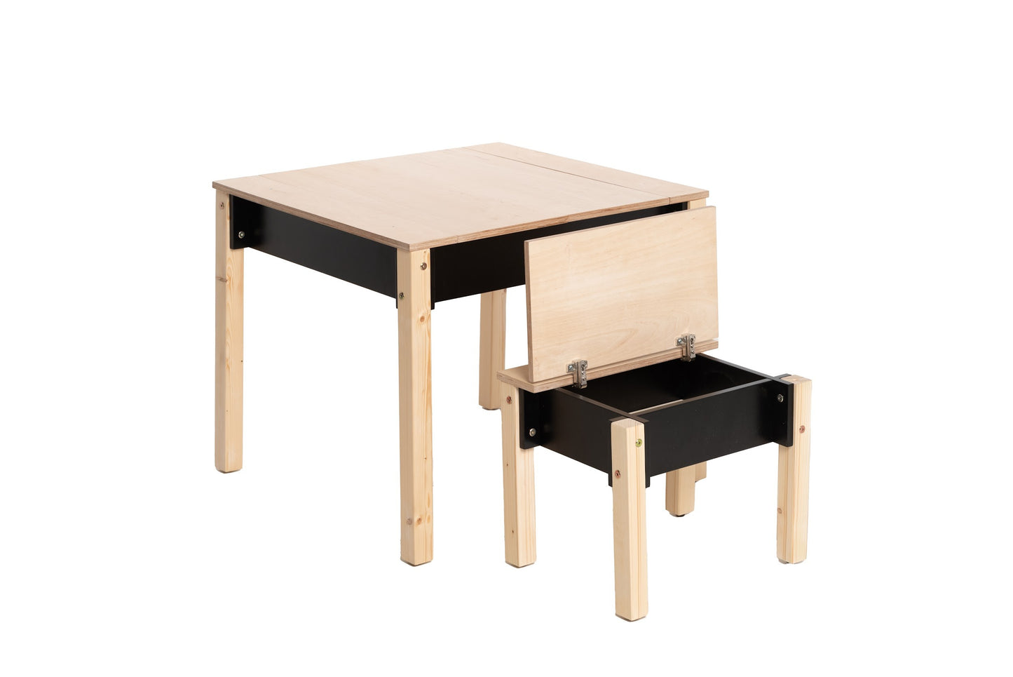 Kids table and chair with black storage drawer and natural wood construction