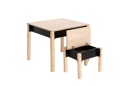 Kids table and chair with black storage drawer and natural wood construction
