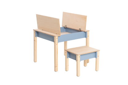 Natural wood kids table and chair set with blue storage drawer visible