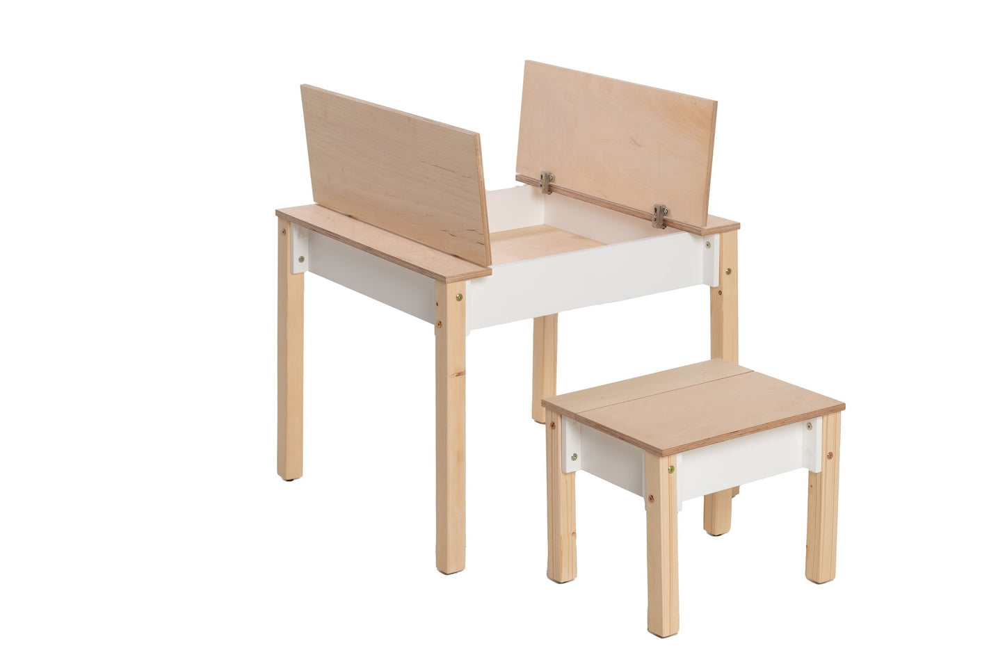 Natural wood table with hinged storage tops and matching small child chair