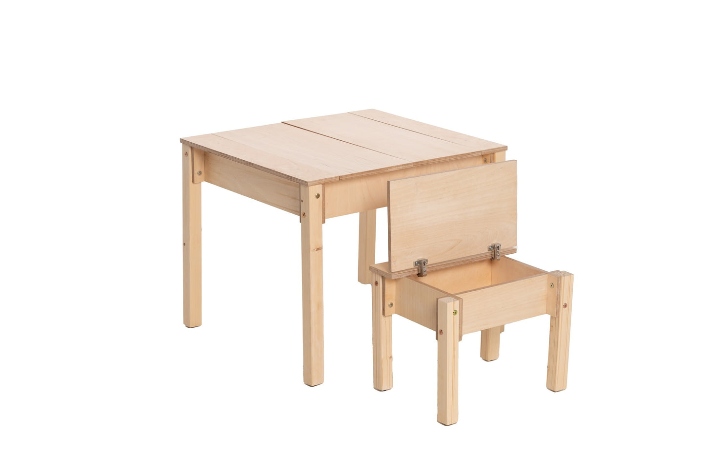 Natural wood kids table with open storage compartment and matching chair