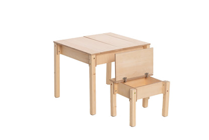 Natural wood kids table with open storage compartment and matching chair