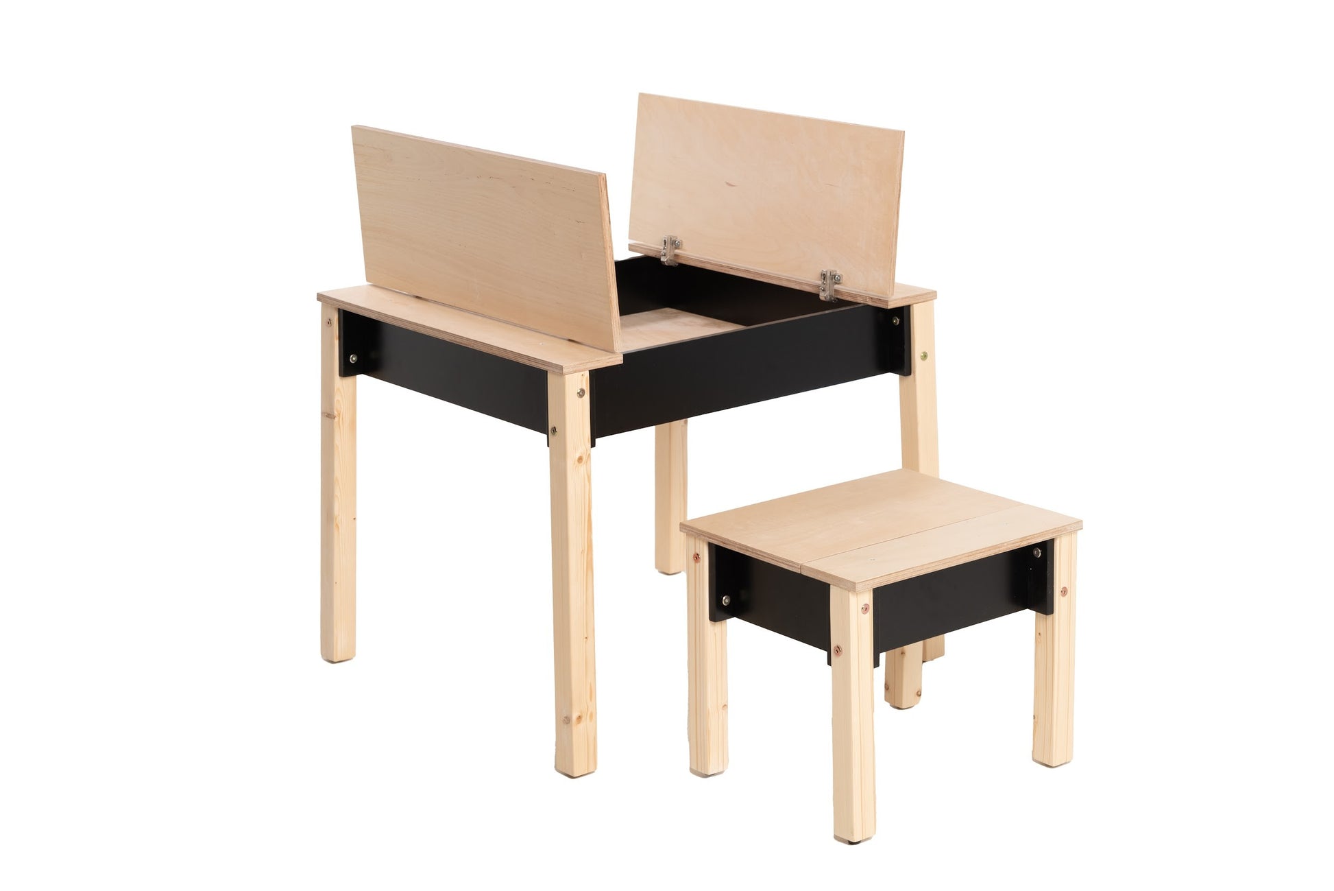 Wooden table and chair set with black storage drawer and hinged top design