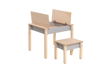 Natural finish table and chair set with black drawer storage for children