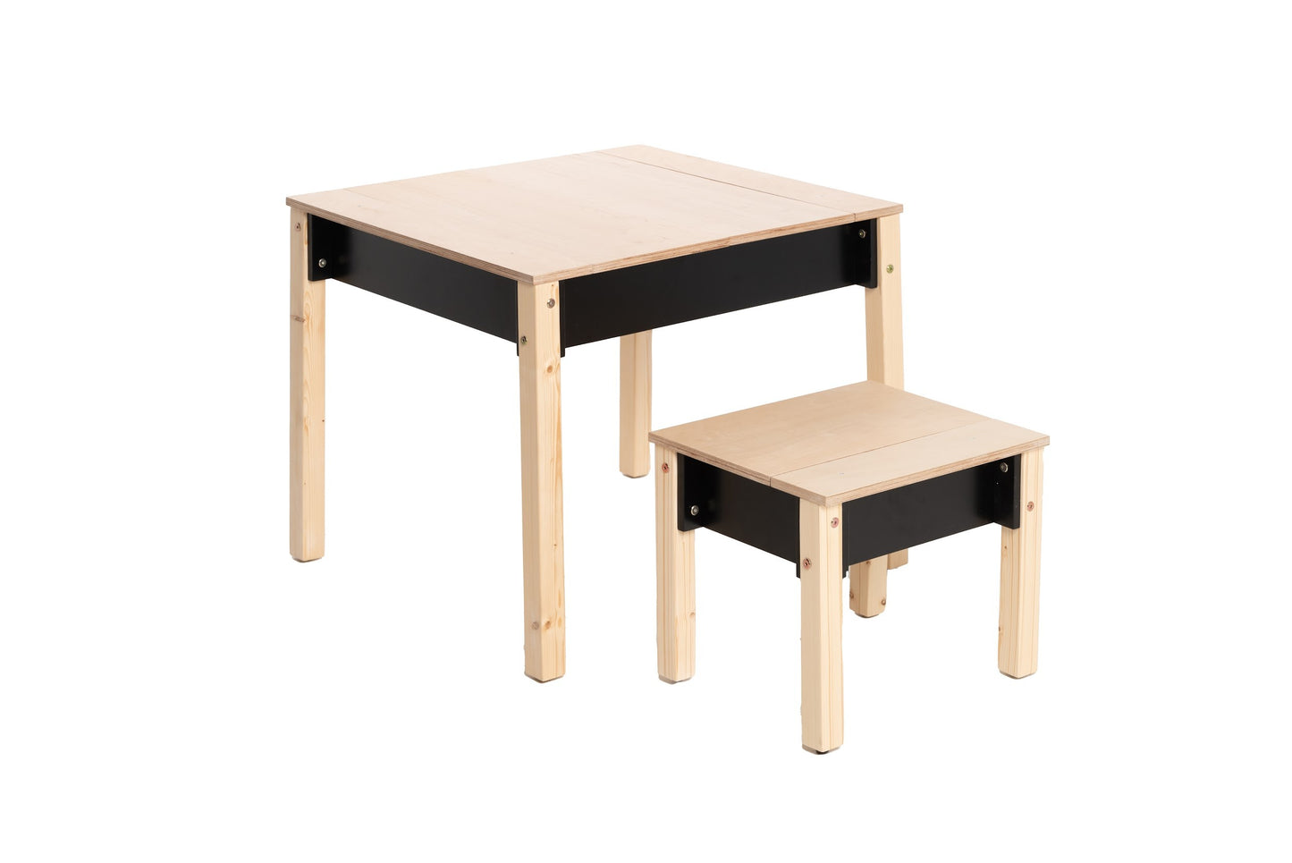Kids storage table with pink drawer and natural wood frame construction