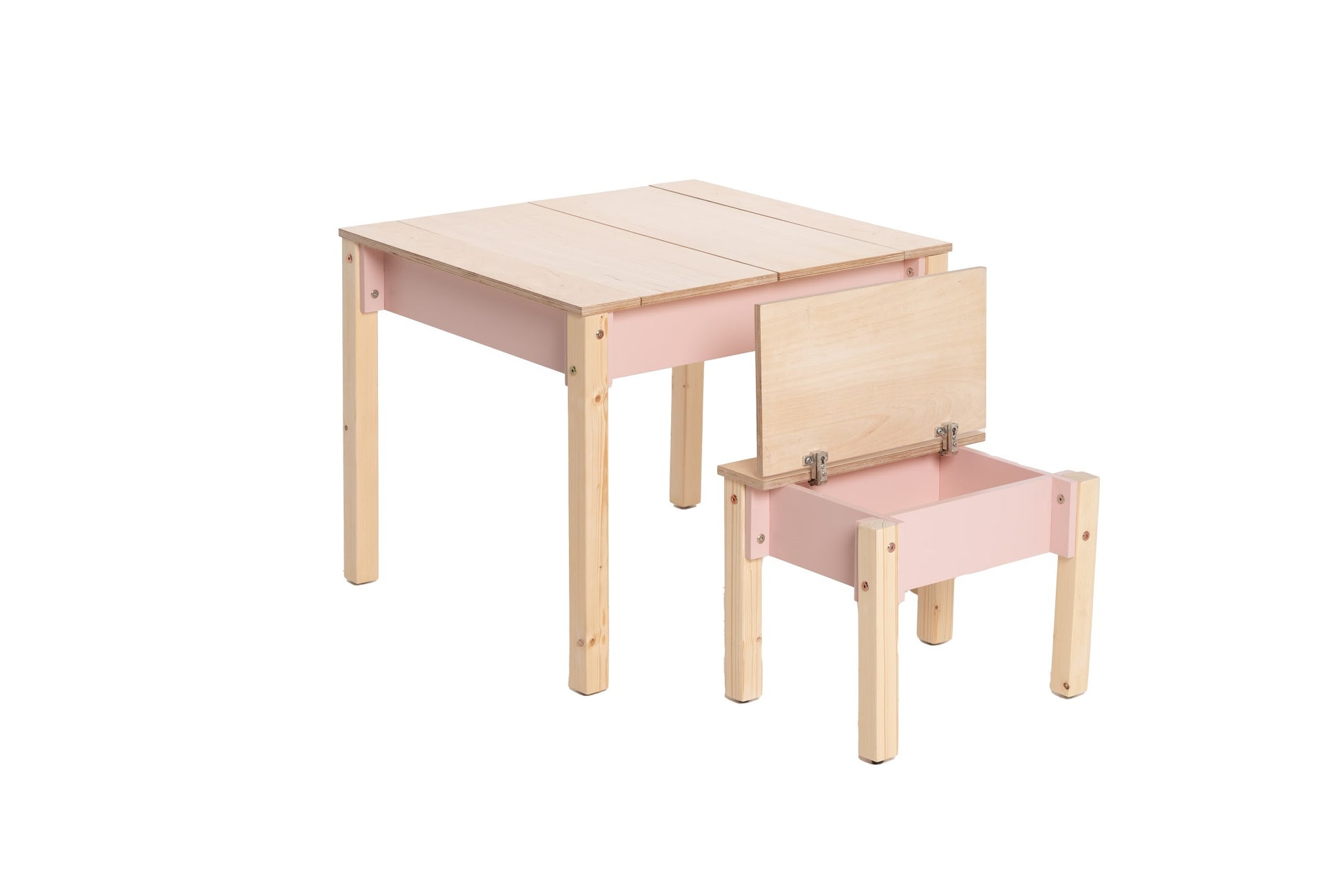 Wooden children's table with white storage drawer and natural wood legs