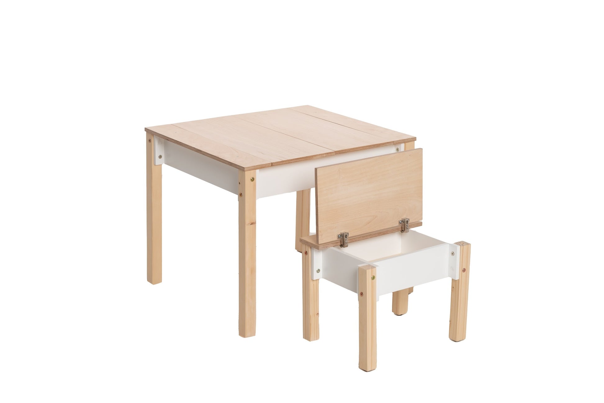 Table and chair set with blue storage drawer and natural wood top surface