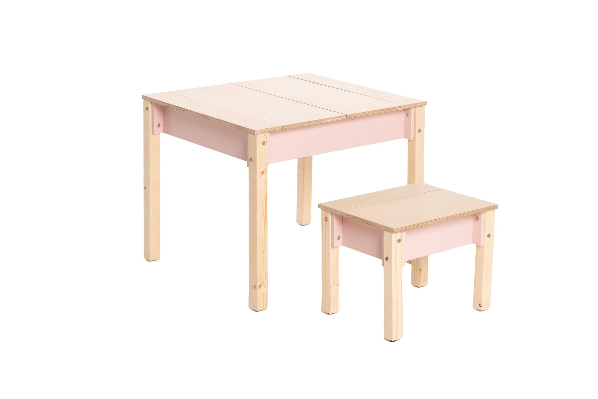 Two kids at pink storage table with hinged top for interactive learning