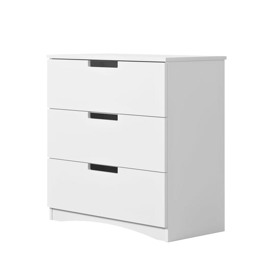 White classic chest of drawers with three drawers and black handles, front view