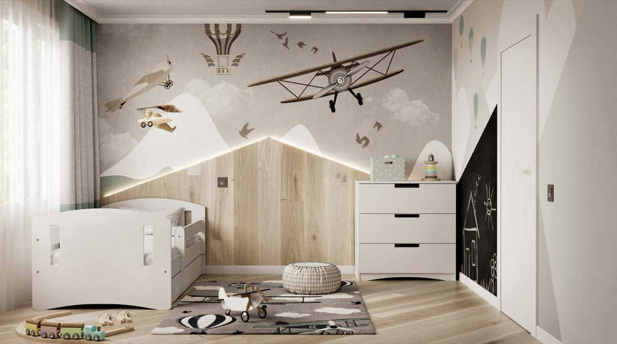 White classic chest of drawers in minimalist kids bedroom with house-shaped bed frame