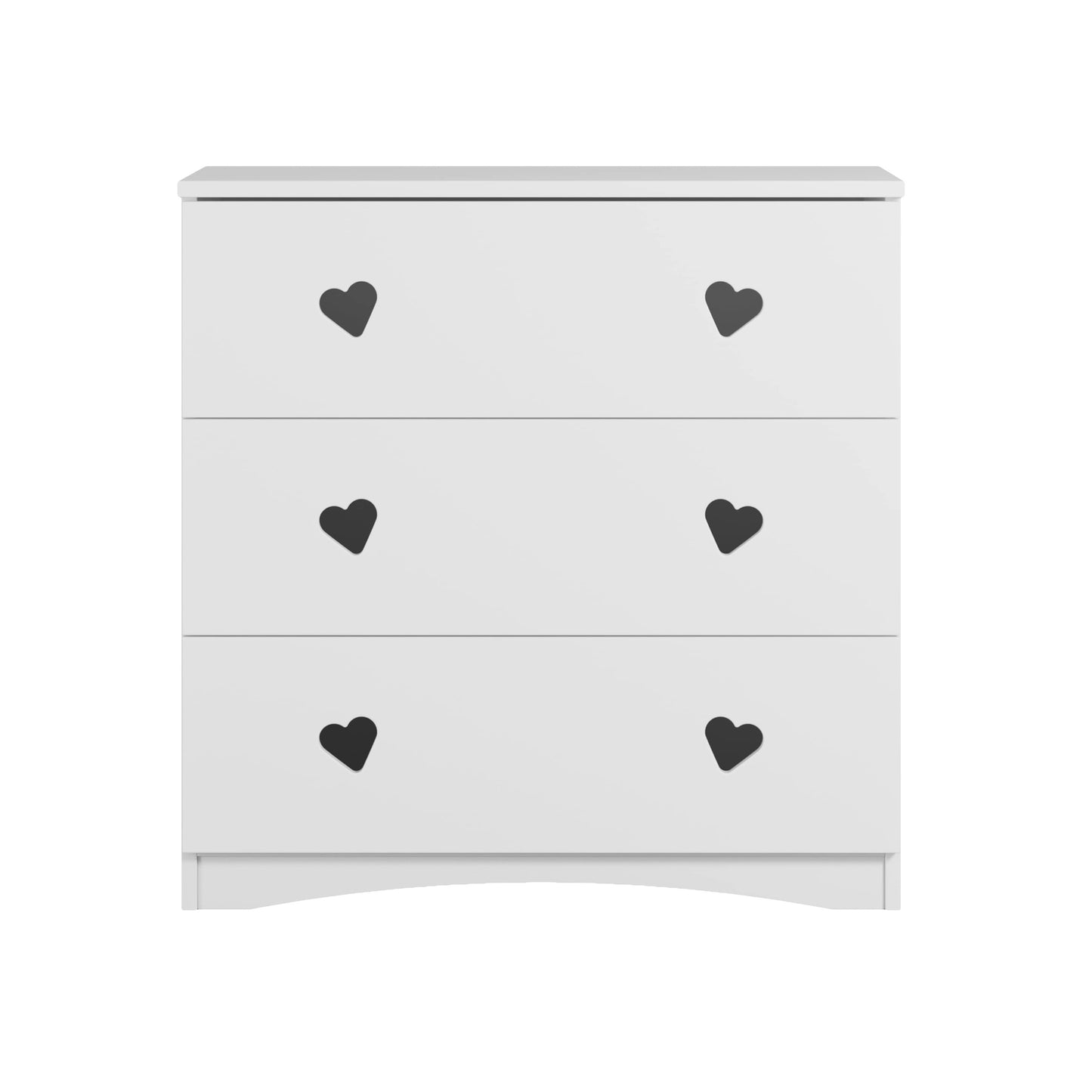Close-up front view of white chest of drawers with black heart-shaped handles