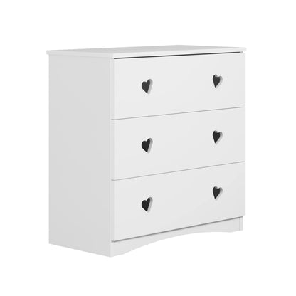 White three-drawer kids dresser side angle view with curved front design