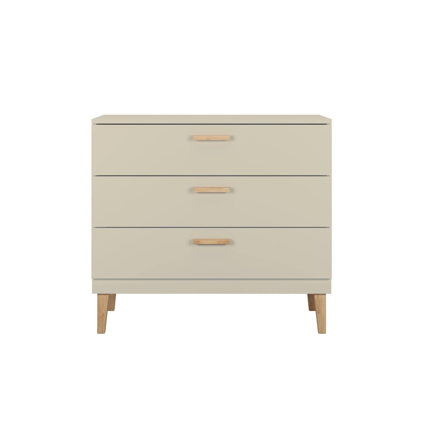 Closed cashmere Kubi three-drawer chest with oak handles and Scandinavian-style wooden legs
