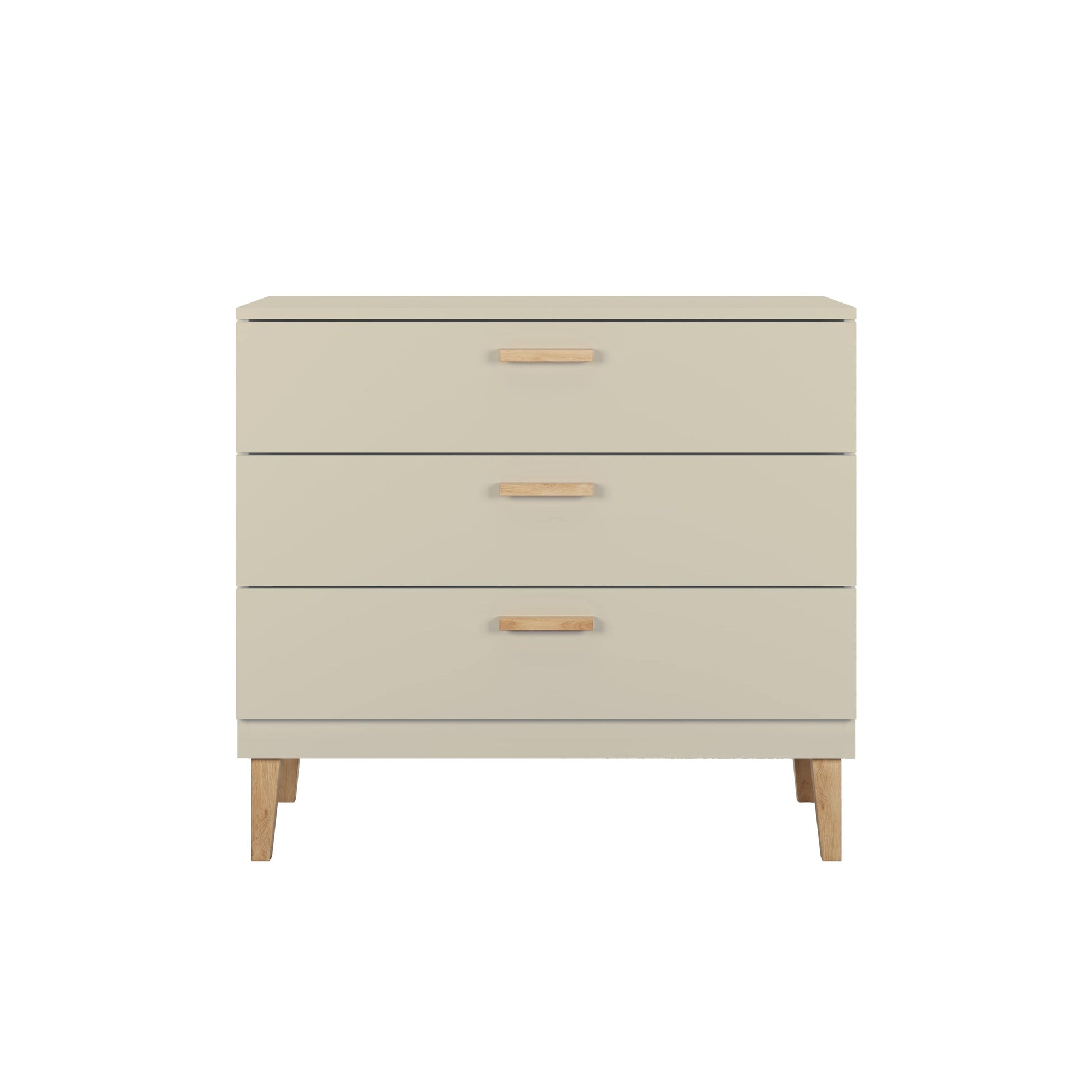 Closed cashmere Kubi three-drawer chest with oak handles and Scandinavian-style wooden legs