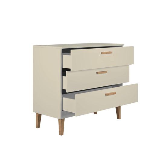 Kocot Kids Kubi cashmere chest of drawers with three open drawers showing oak handles and legs