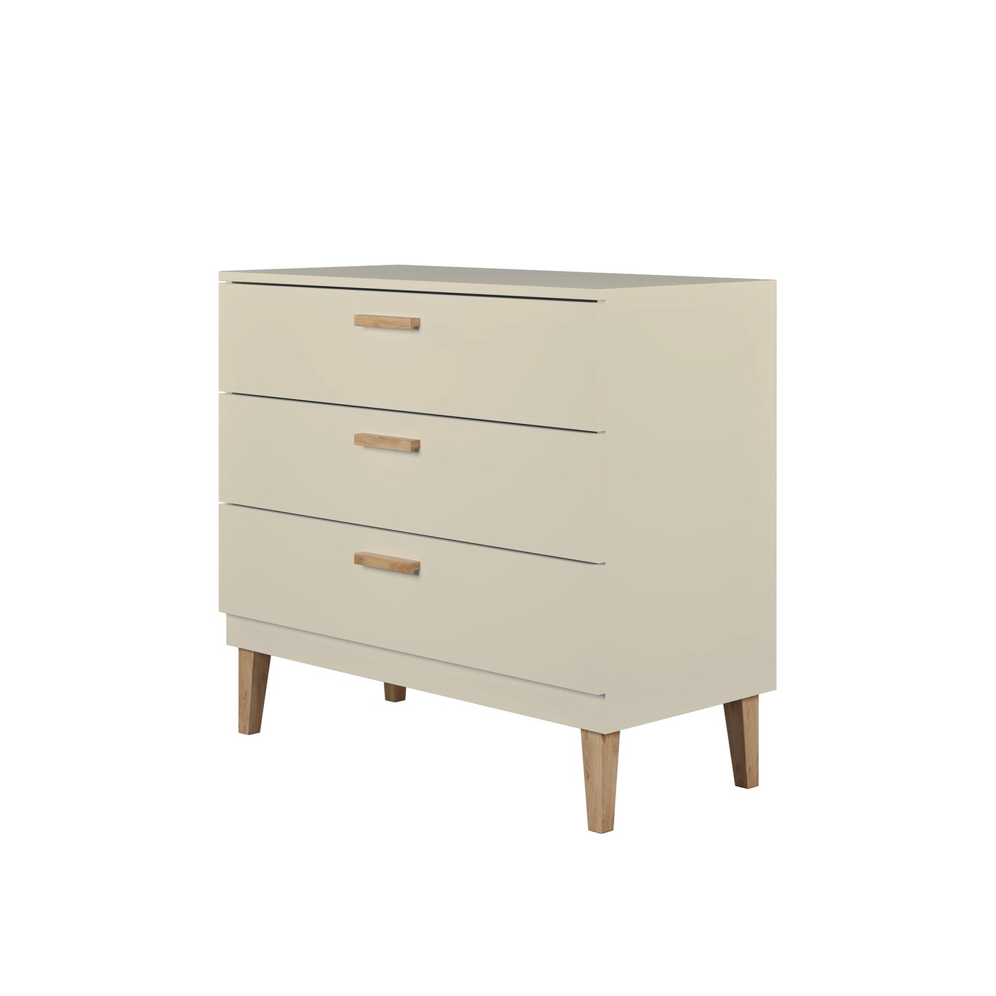 Front view of cashmere Kubi chest of drawers with three drawers and wooden legs