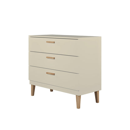 Front view of cashmere Kubi chest of drawers with three drawers and wooden legs