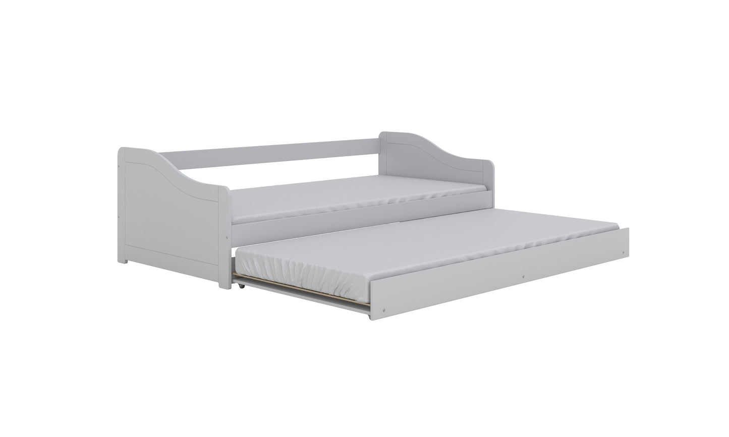 Gray Blanka bed showing pull-out drawer with mattress extended underneath main bed
