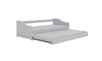 Gray Blanka bed showing pull-out drawer with mattress extended underneath main bed