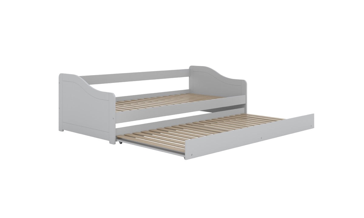 Gray children's bed with both sleeping surfaces visible, wooden slats on both levels