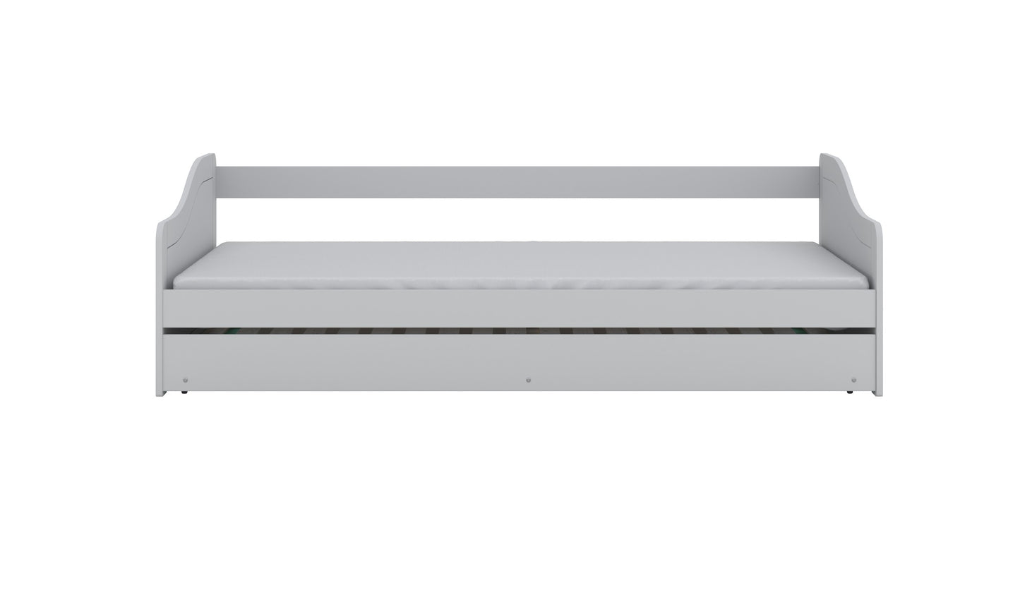 Front view of gray pull-out bed frame showing drawer mechanism and safety rails