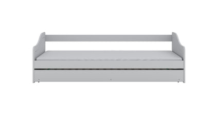 Front view of gray pull-out bed frame showing drawer mechanism and safety rails