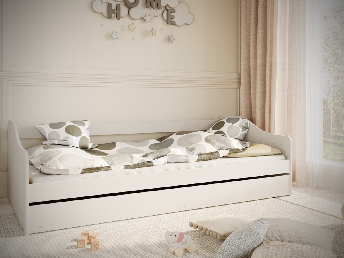 White Blanka children's bed with pull-out drawer in contemporary bedroom setting