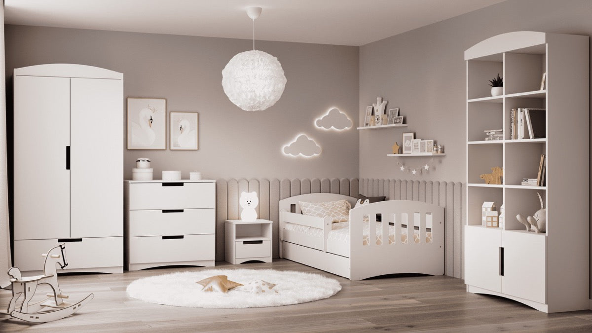 Complete white nursery furniture set including bed, wardrobe, dresser and shelving unit