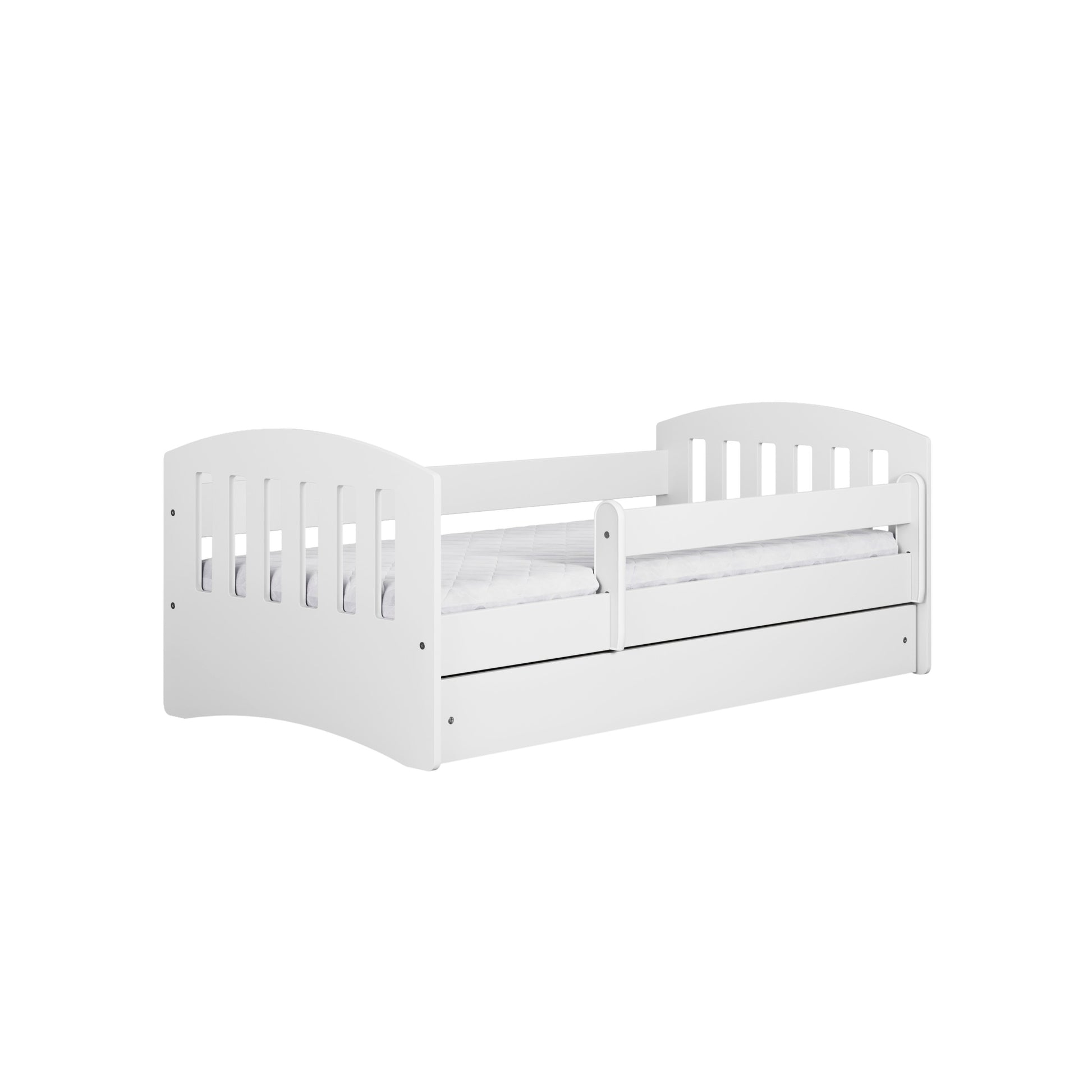 White toddler bed with safety guardrail and storage drawer, front angle view