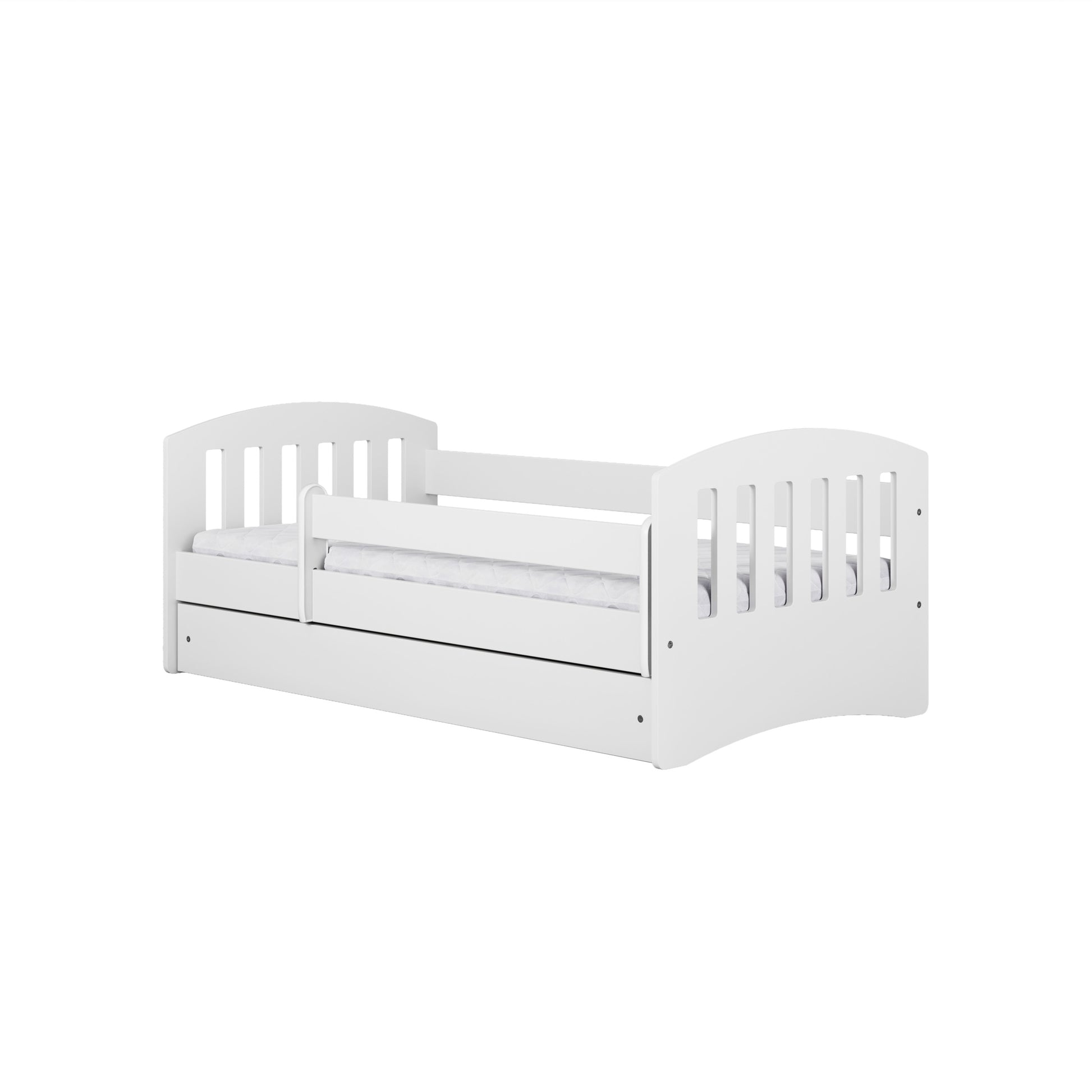 White kids bed with curved headboard, guardrail and rolling trundle drawer