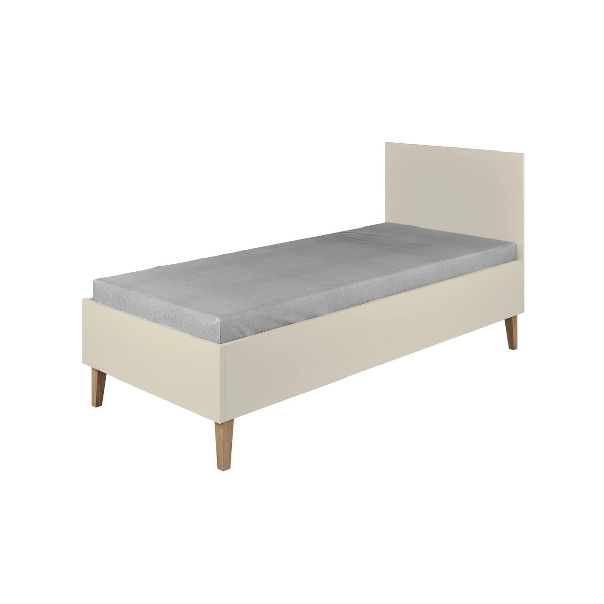 Kubi children's bed in cashmere with oak legs and gray mattress, front-right view