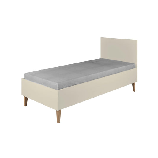 Kubi children's bed in cashmere with oak legs and gray mattress, front-right view