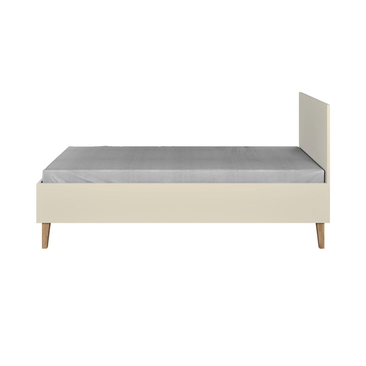 Kubi children's bed in cashmere from side view showing wood legs and slatted base