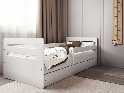 White Tomi kids bed with safety guardrail and storage drawer, front angle view