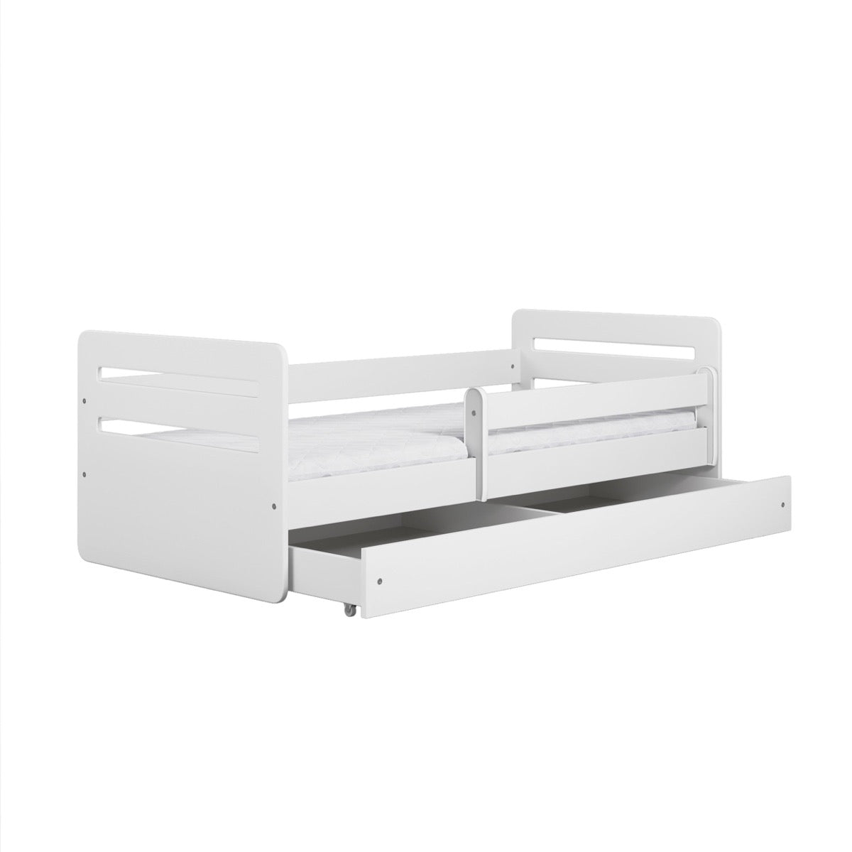 White Tomi children's bed with pull-out storage drawer and protective rails