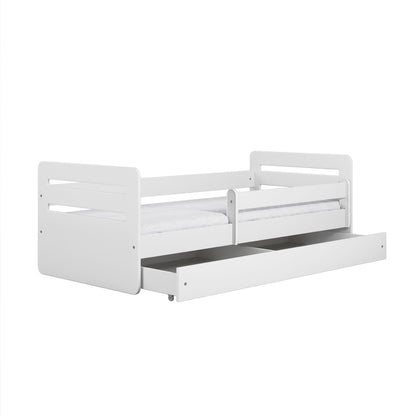 White Tomi children's bed with pull-out storage drawer and protective rails