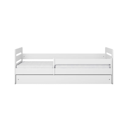 Top-down view of white Tomi kids bed frame with safety guardrails